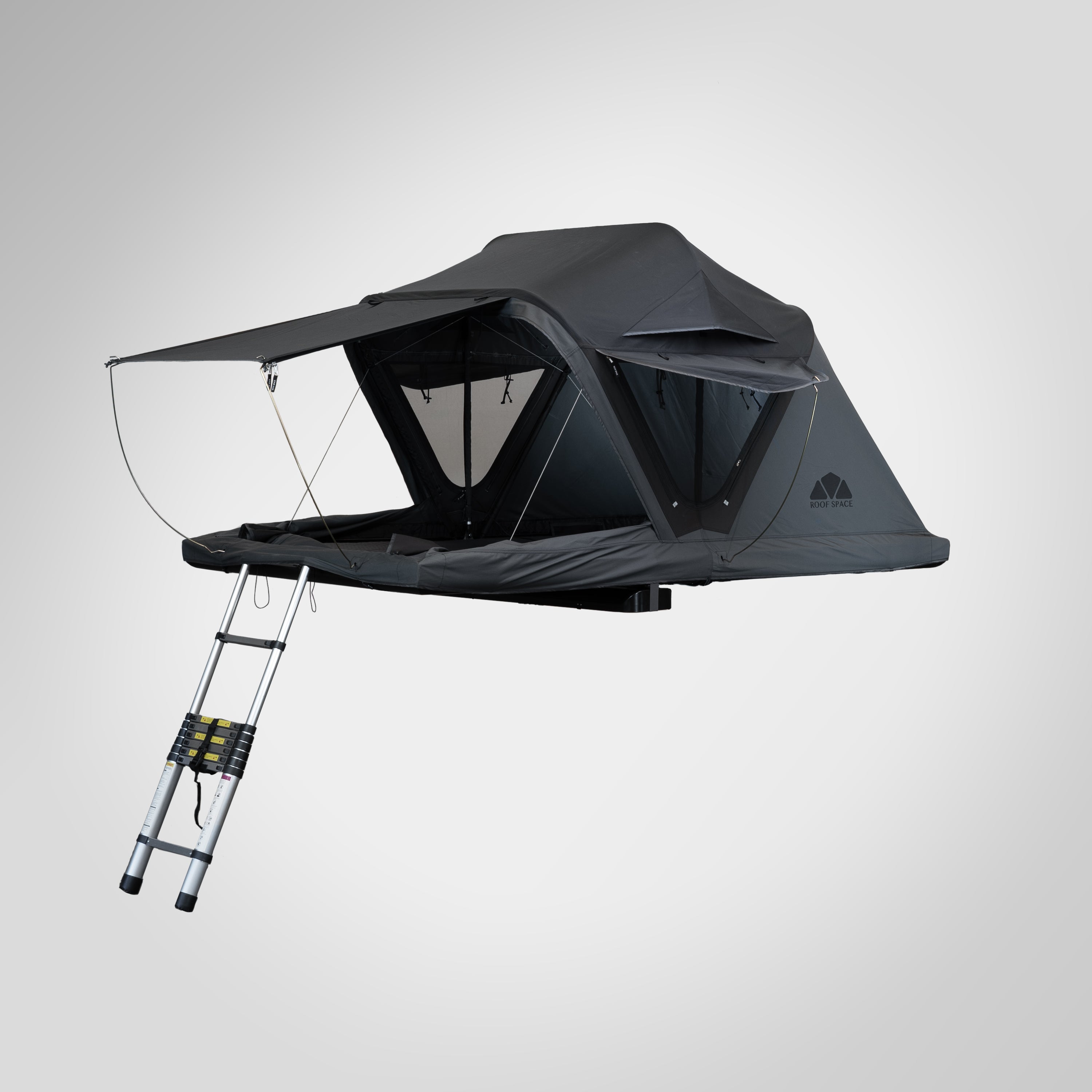 Roof Space 2 2-Person Rooftop tent with open panorama mode and setup sunshade.